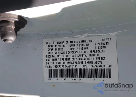 2017 Honda Accord Sport from USA, damaged, VIN 1HGCR2F5XHA290191